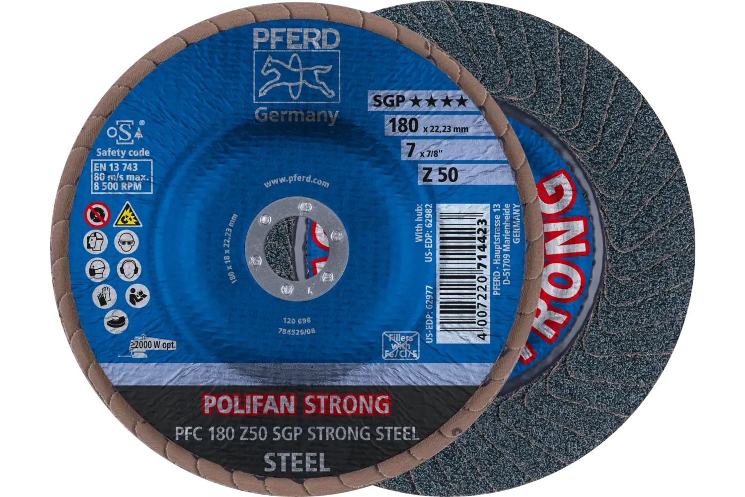 Picture of Pferd Flap Disc, 7" x 7/8, Z SGP Strong Steel, 50 Grit, T29, Conical, Zirconia